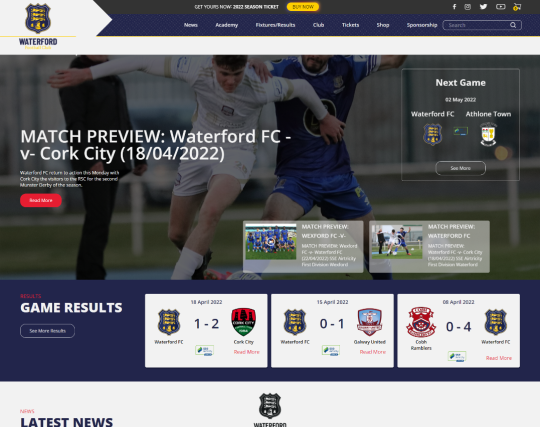This is an image of the front page of the website I have designed for the Waterford Football Club.